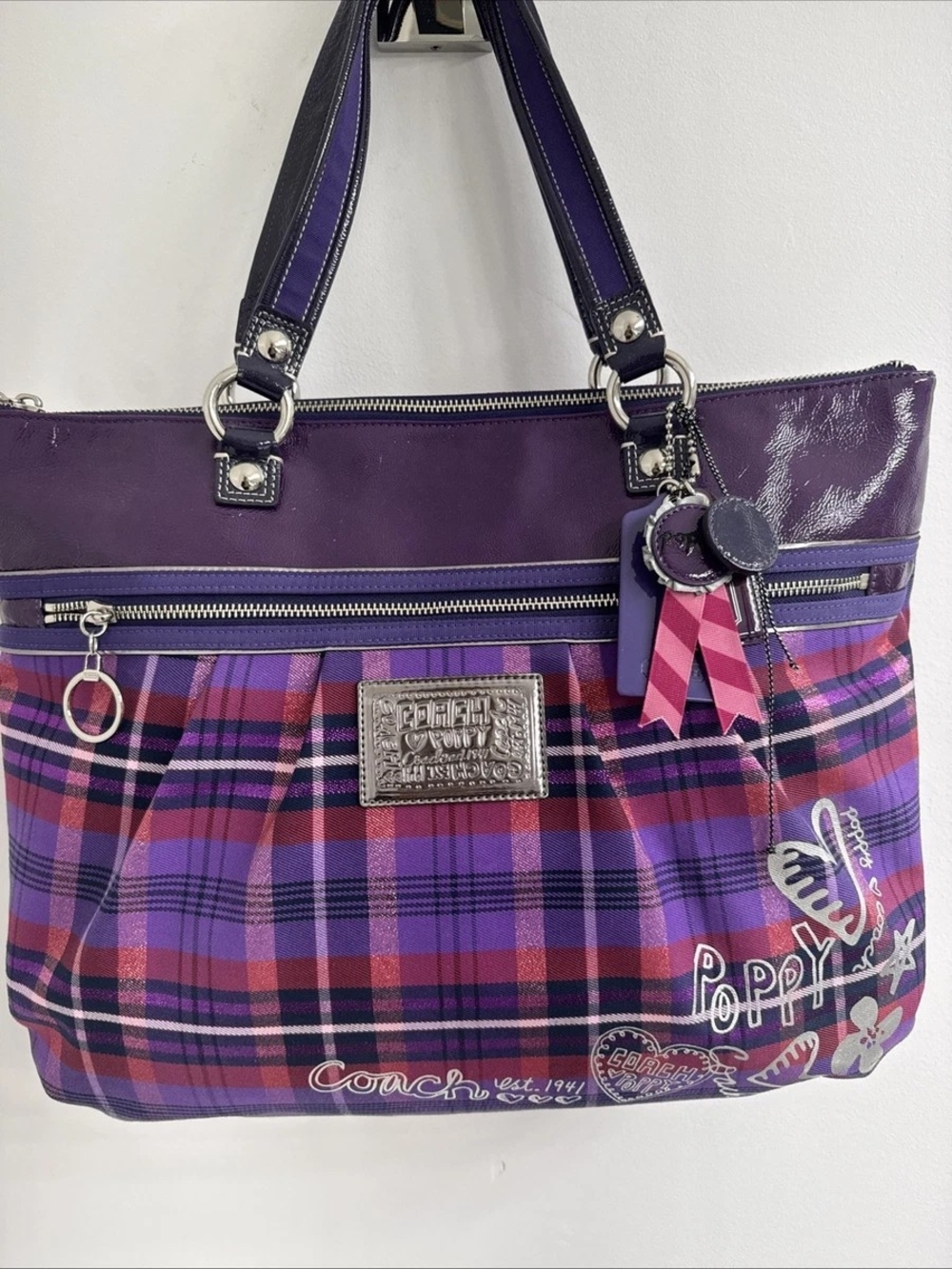 Coach Purple Plaid Poppy Tote with Pink Accents